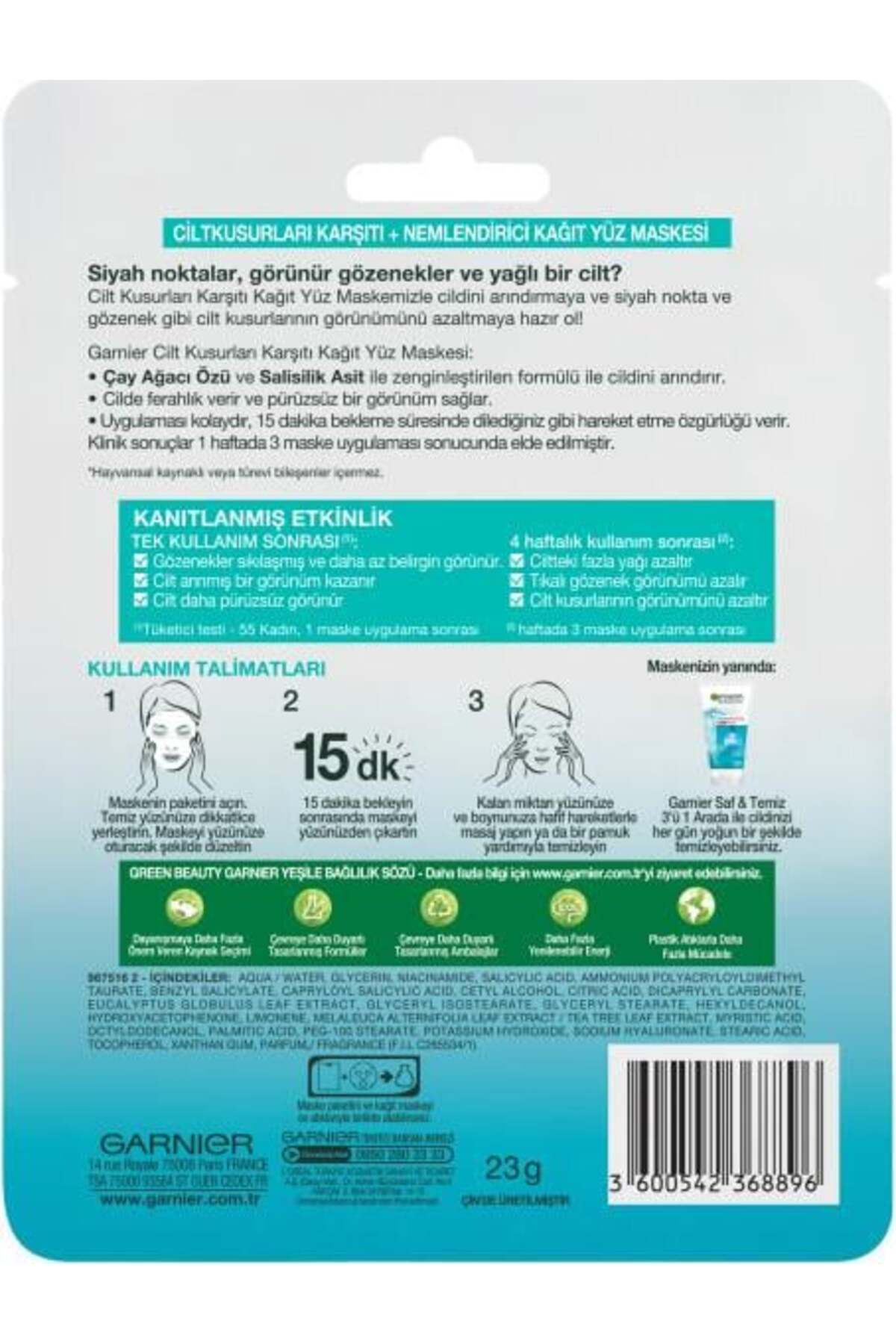 GARNİER VEGAN SAF&TEMİZ CİLT KUSURLARI KAĞIT MASKE-