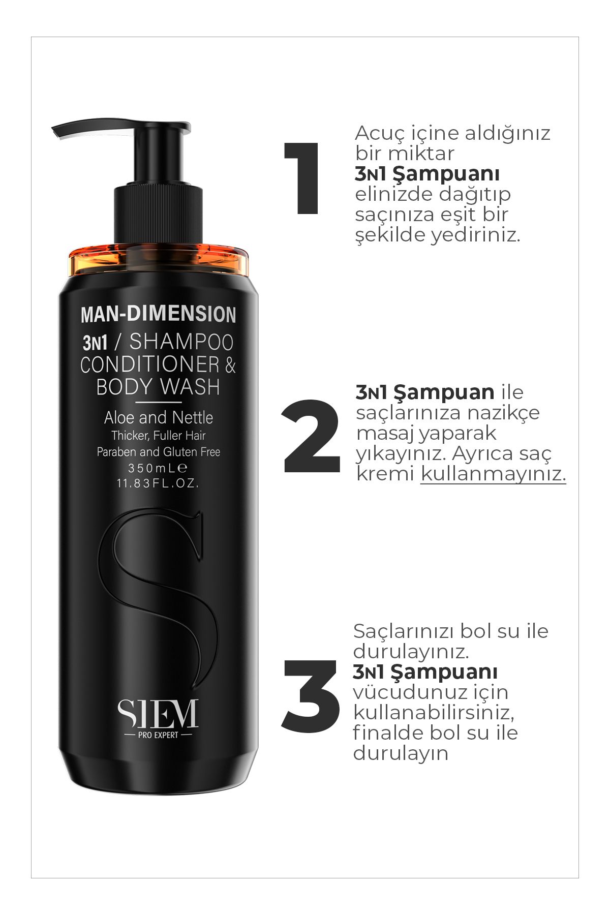 SİEM MAN-DIMENSION 3/1 SHAMPOO & CONDİTİONER&BODY 300ML-