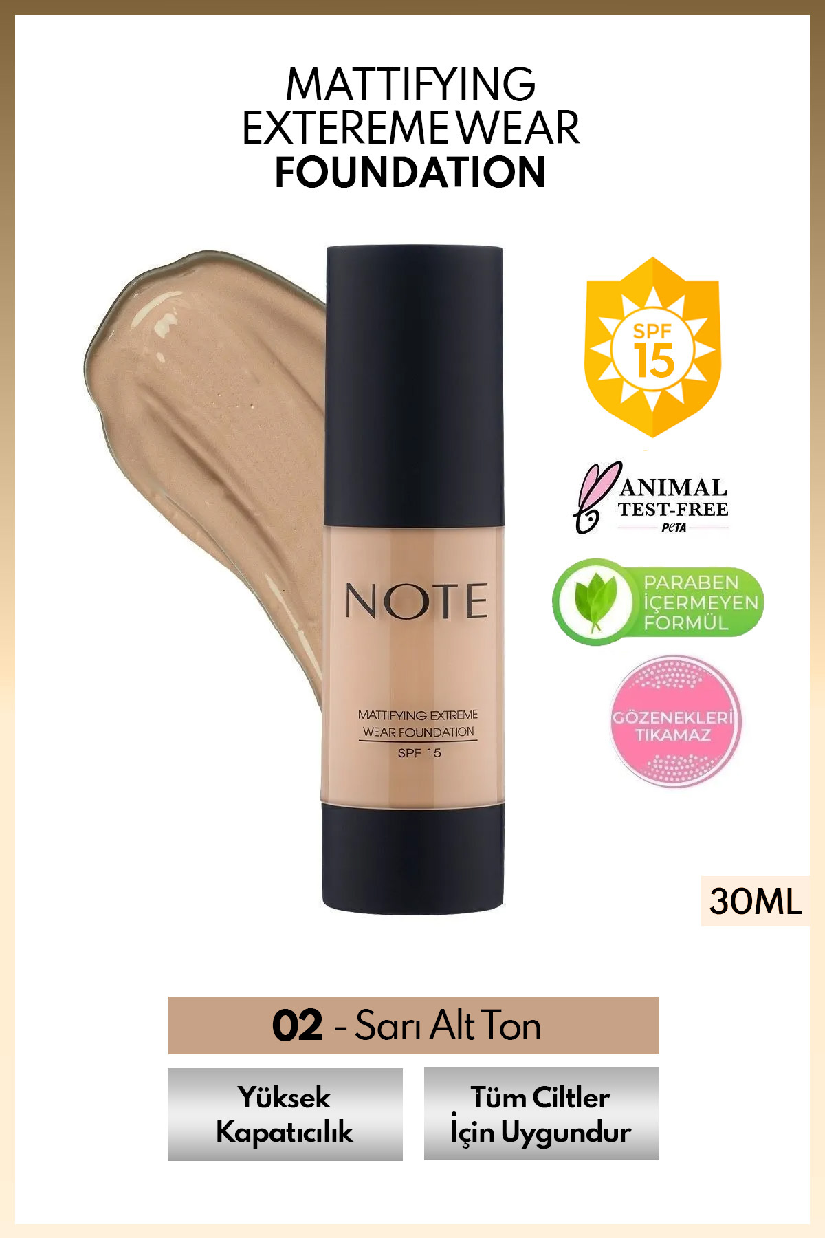 Note Cosmetics Mattifying Extreme Wear Spf 15 Yoğun Kapatıcı Mat Bitişli Fondöten - 02 Natural Beige-