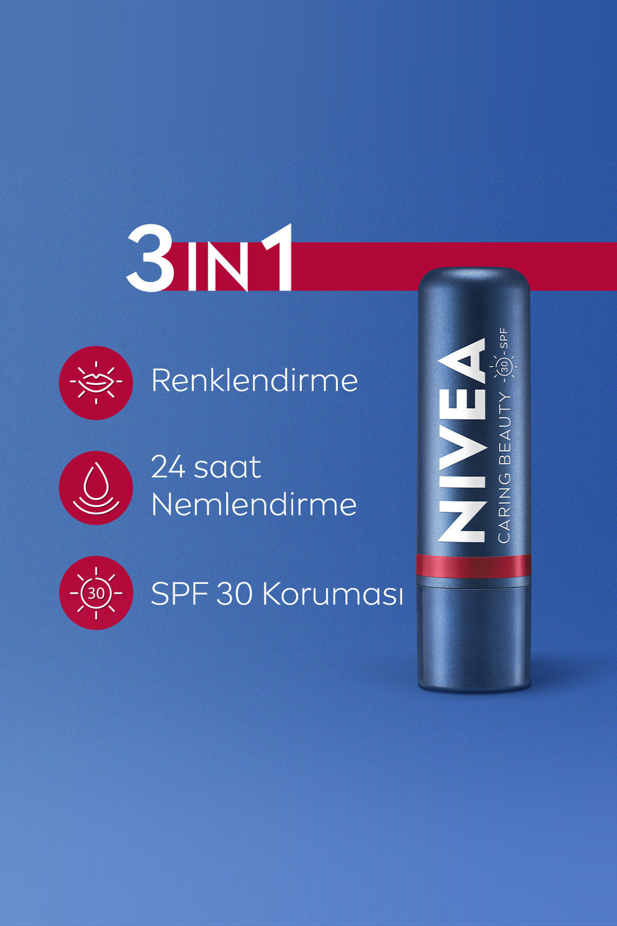 NIVEA RENKLİ DUDAK BAKIM KREMİ,KIRMIZI,4,8GR,NEMLENDİRME,SPF30,DOĞAL YAĞLAR,E-