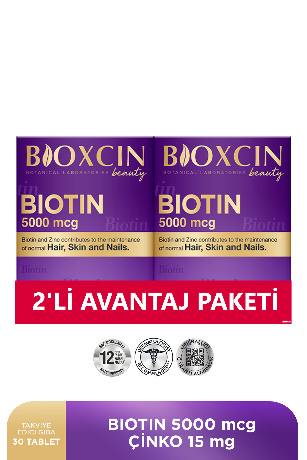 BİOXCİN BİOTİN 5.000 MCG 30 TABLET - BİOTİN + ÇİNKO 15 MG SAÇ VE TIRNAK VİTAMİNİ 2 Lİ AVANTAJ PAKET-