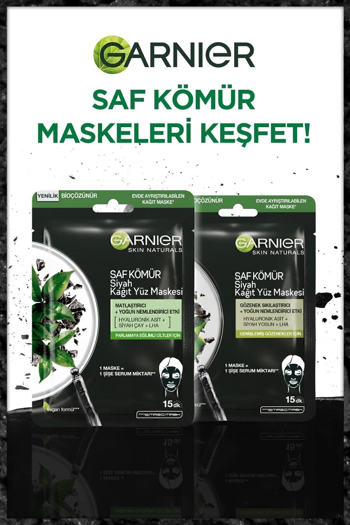 GARNİER KÖMÜR VE SİYAH ÇAYLI MATLAŞTIRICI KAĞIT YÜZ MASKESİ-