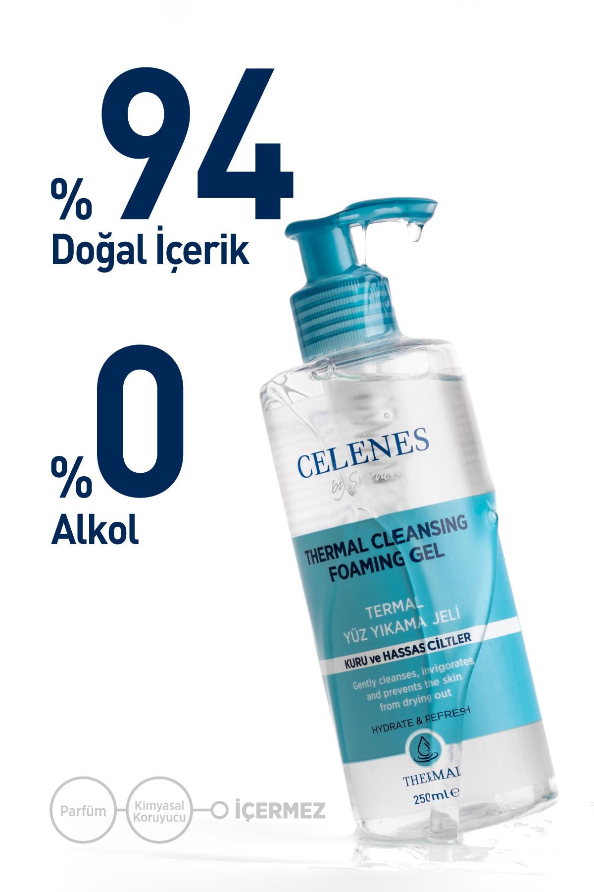 CELENES BY SWEDEN NEMLENDİRİCİ VE CANLANDIRICI THERMAL YÜZ TEMİZLEME JELİ KURU VE HASSAS CİLTLER 250 ML-