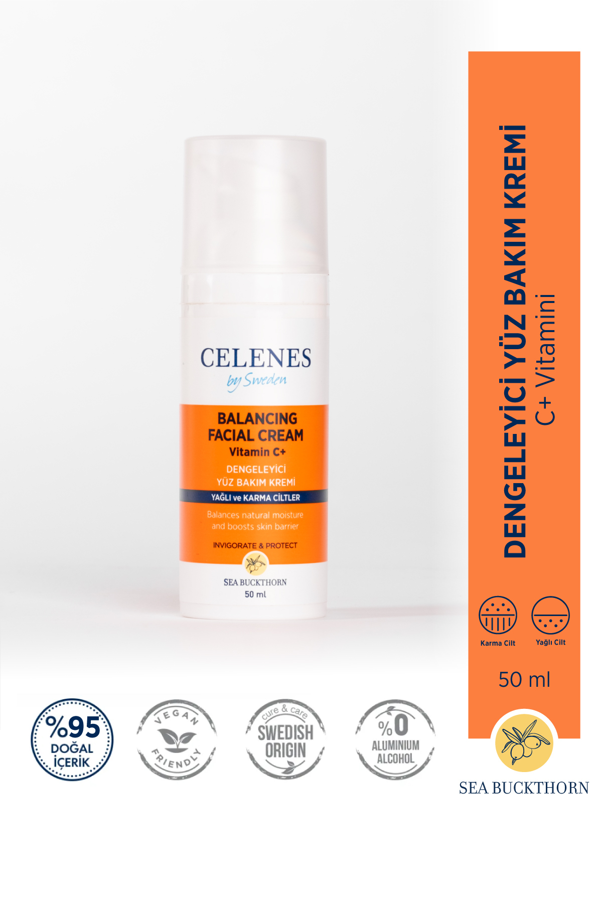 CELENES BY SWEDEN AYDINLATICI VE DENGELEYİCİ SEA BUCKTHORN YÜZ KREMİ YAĞLI VE KARMA CİLTLER 50 ML-