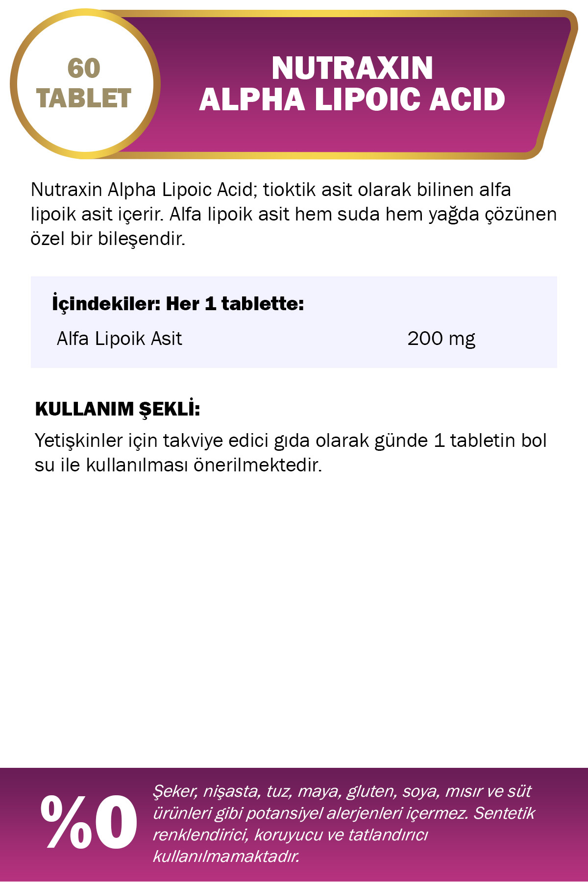 NUTRAXİN ALPHA LİPOİC ACİD 200 MG 60 TABLET-