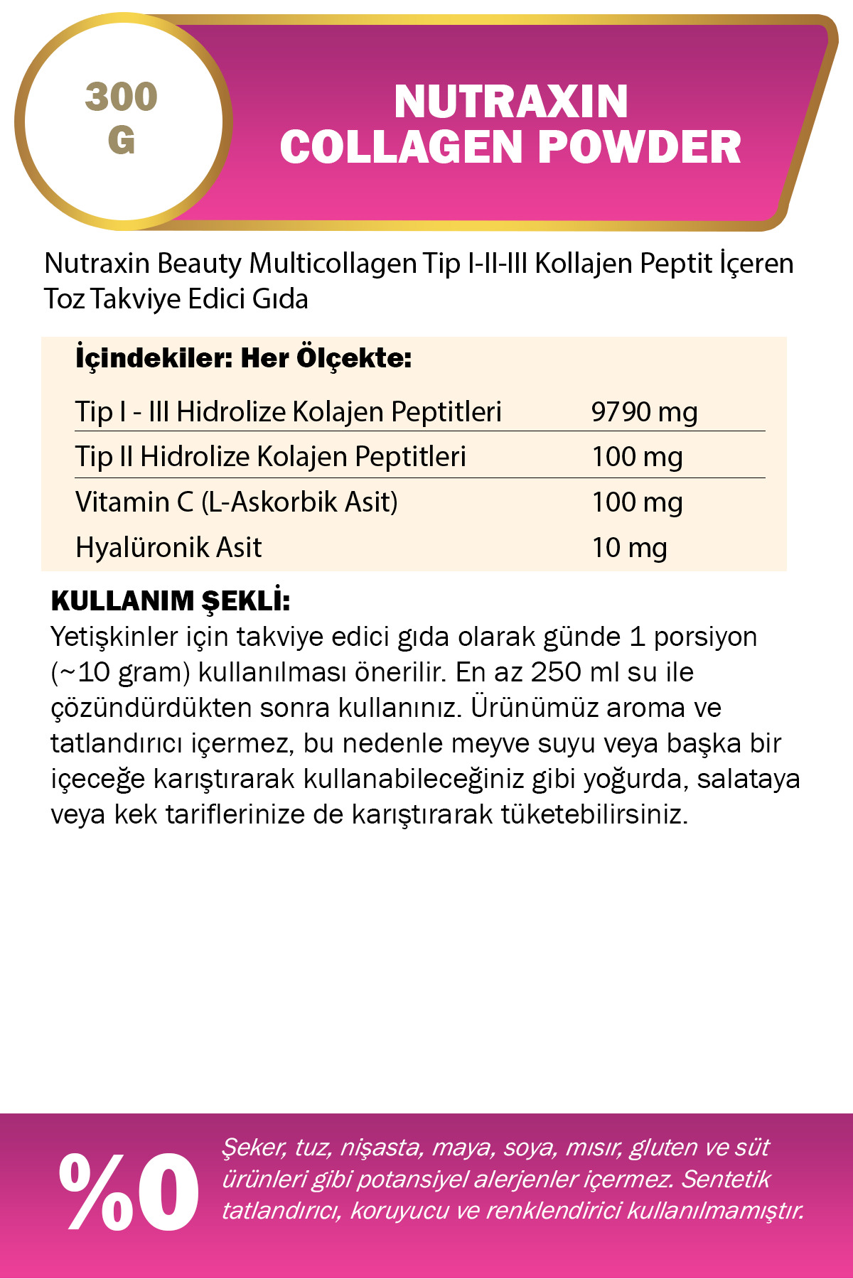 NUTRAXİN COLLAGEN POWDER TOZ 300 GR AROMASIZ KOLAJ-