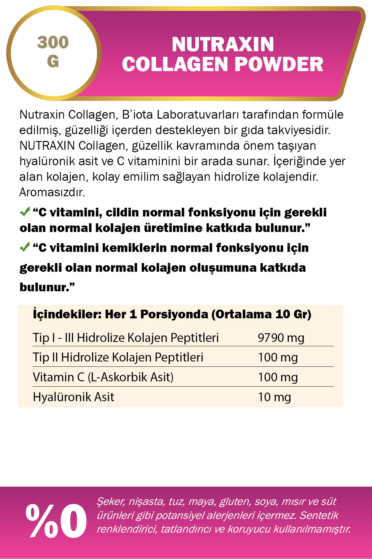 NUTRAXİN COLLAGEN POWDER TOZ 300 GR AROMASIZ KOLAJ-
