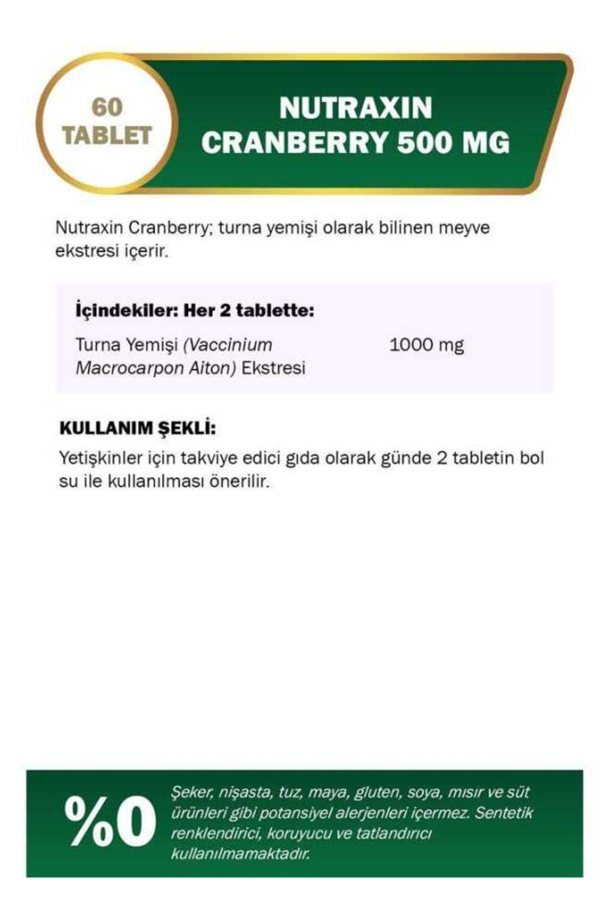 Nutraxin Cranberry - Turna Yemişi 500 Mg 60 Tablet-