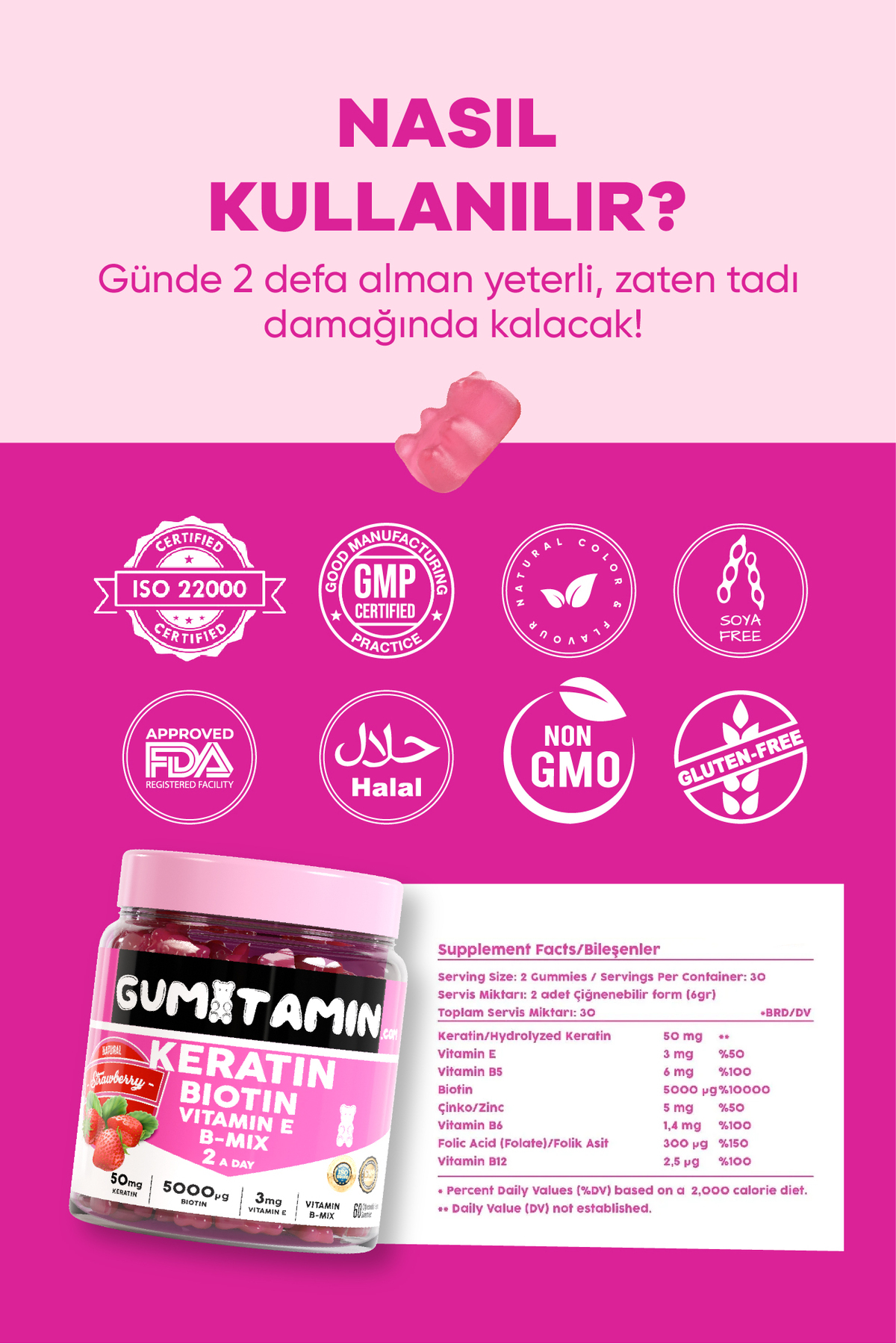 GUMİTAMİN KERATİN, BİOTİN 5000 SAÇ VE CİLT VİTAMİN-