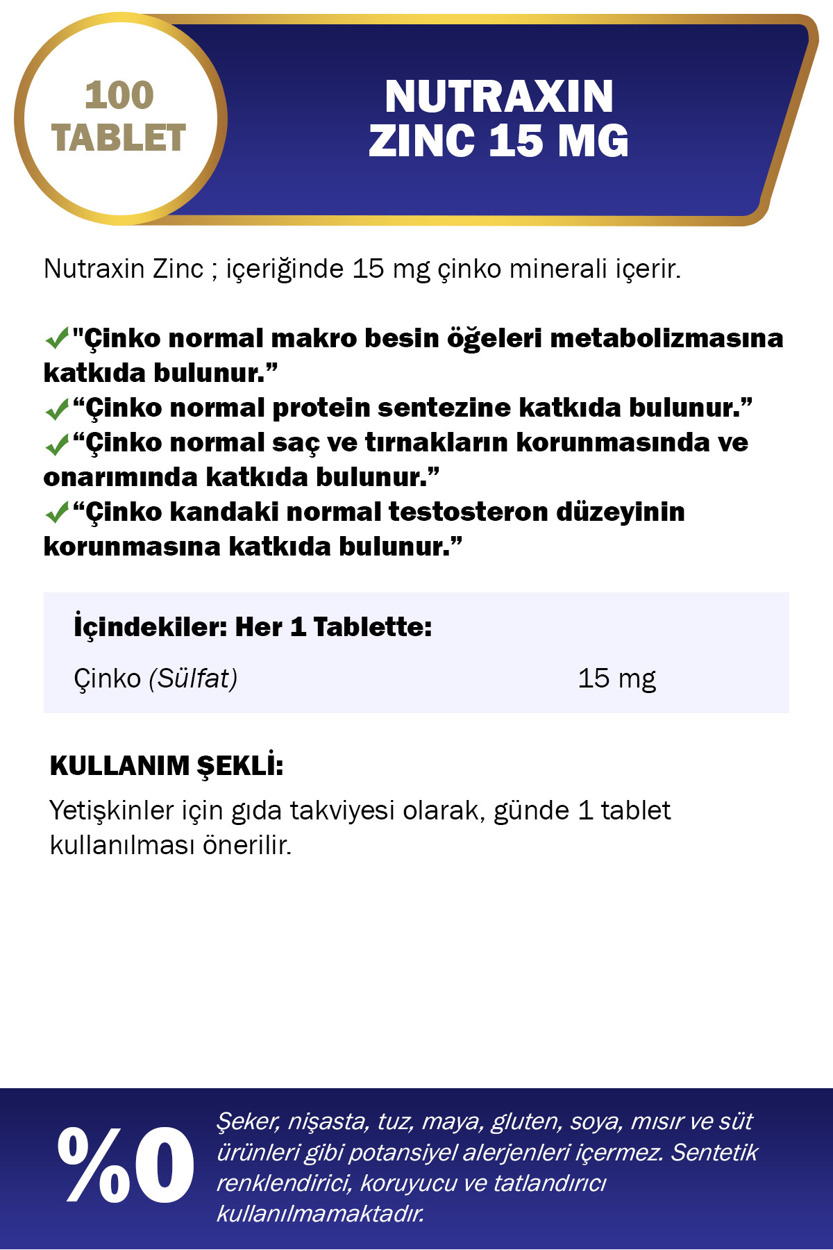NUTRAXİN ZİNC SULPHATE - ÇİNKO TAKVİYESİ 15 MG 100-