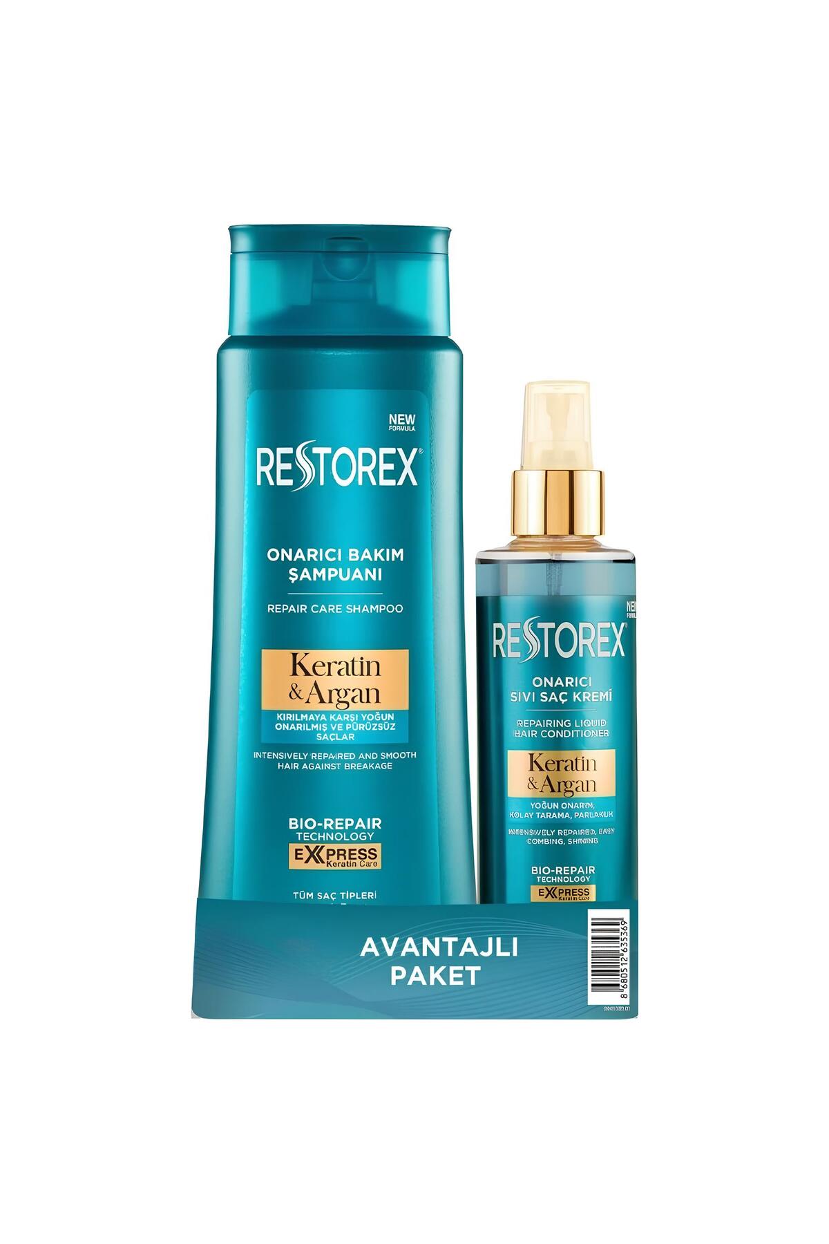 Restorex Keratin & Argan Onarıcı Saç Bakım Şampuanı 500 ml + Sıvı Saç Bakım Kremi 200 ml-