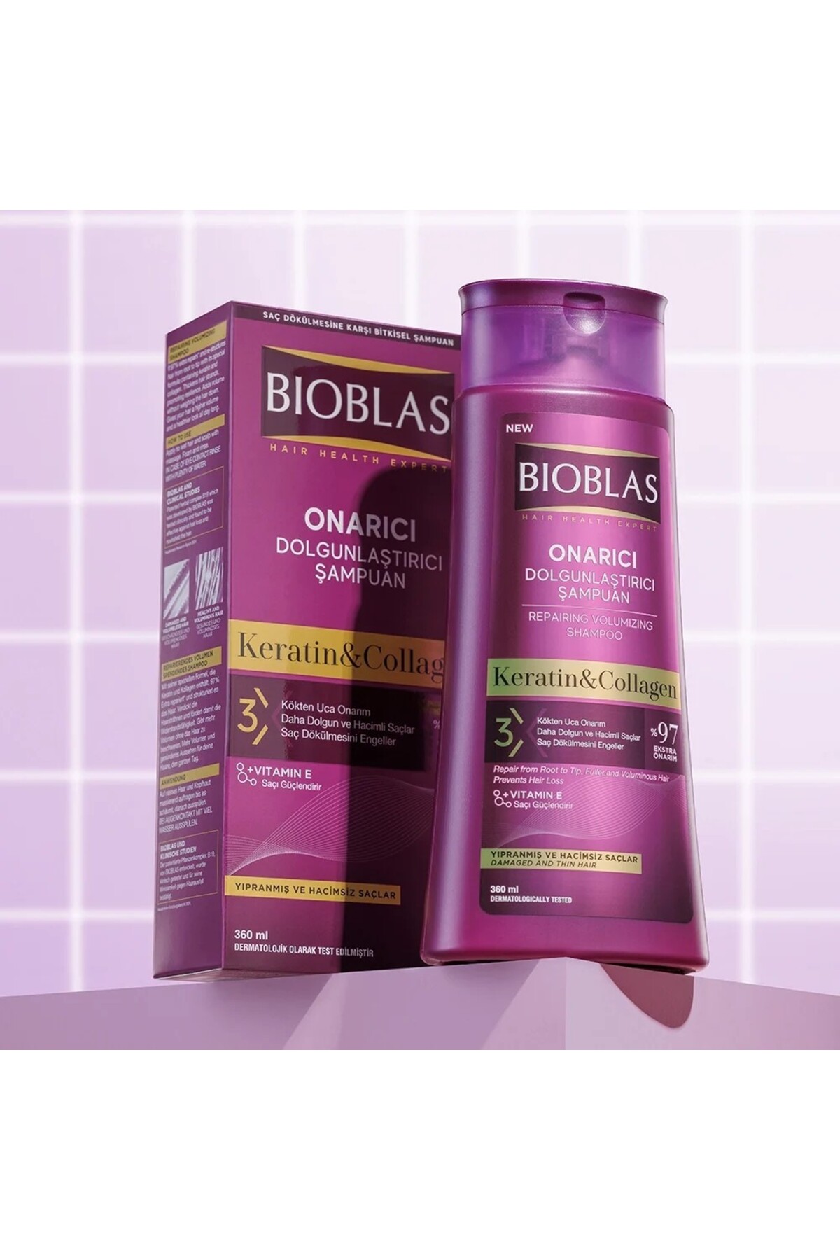 BIOBLAS Saç Dökülmesine Karşı Hacim Şampuan 360 ml - İnce ve Hacimsiz saçlar için Collagen Keratin-