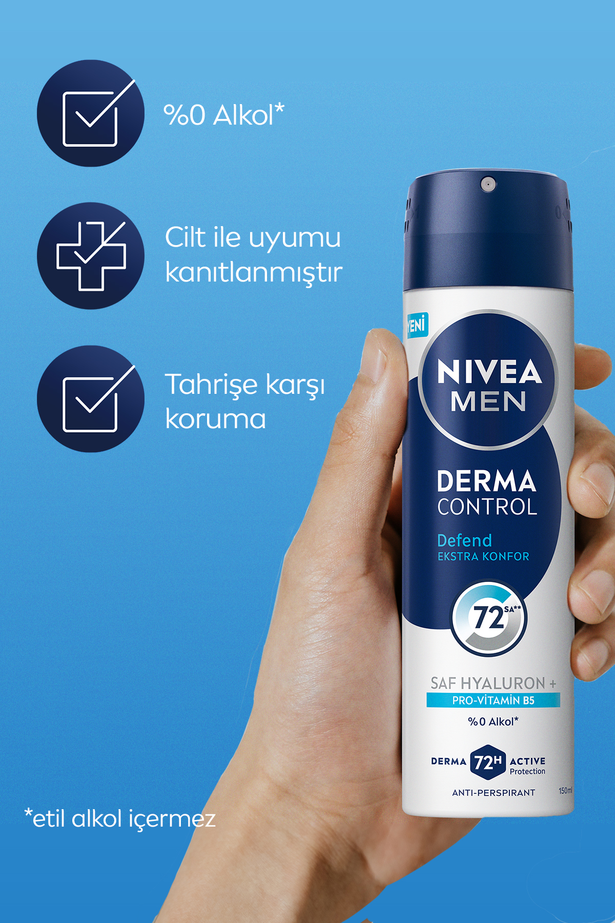 NIVEA MEN Erkek Sprey Deodorant Derma Control Defend 150ml,Hyaluron,Pro Vitamin B5,72 Saat Anti-perspirant-