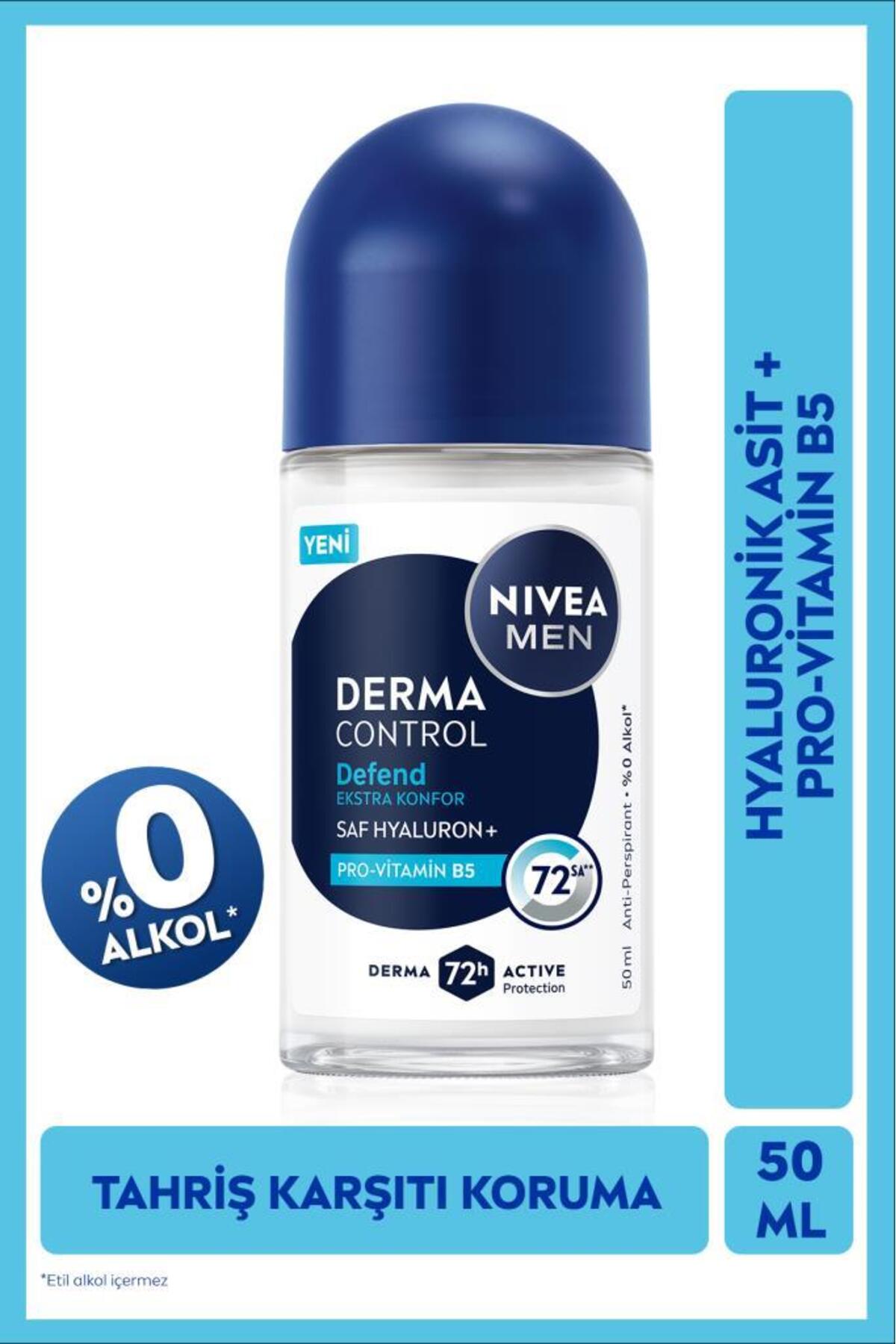 NIVEA MEN Erkek Roll-on Deodorant Derma Control Defend 50ml, 72 Saat Anti-perspirant, Alkolsüz, Hyaluron-