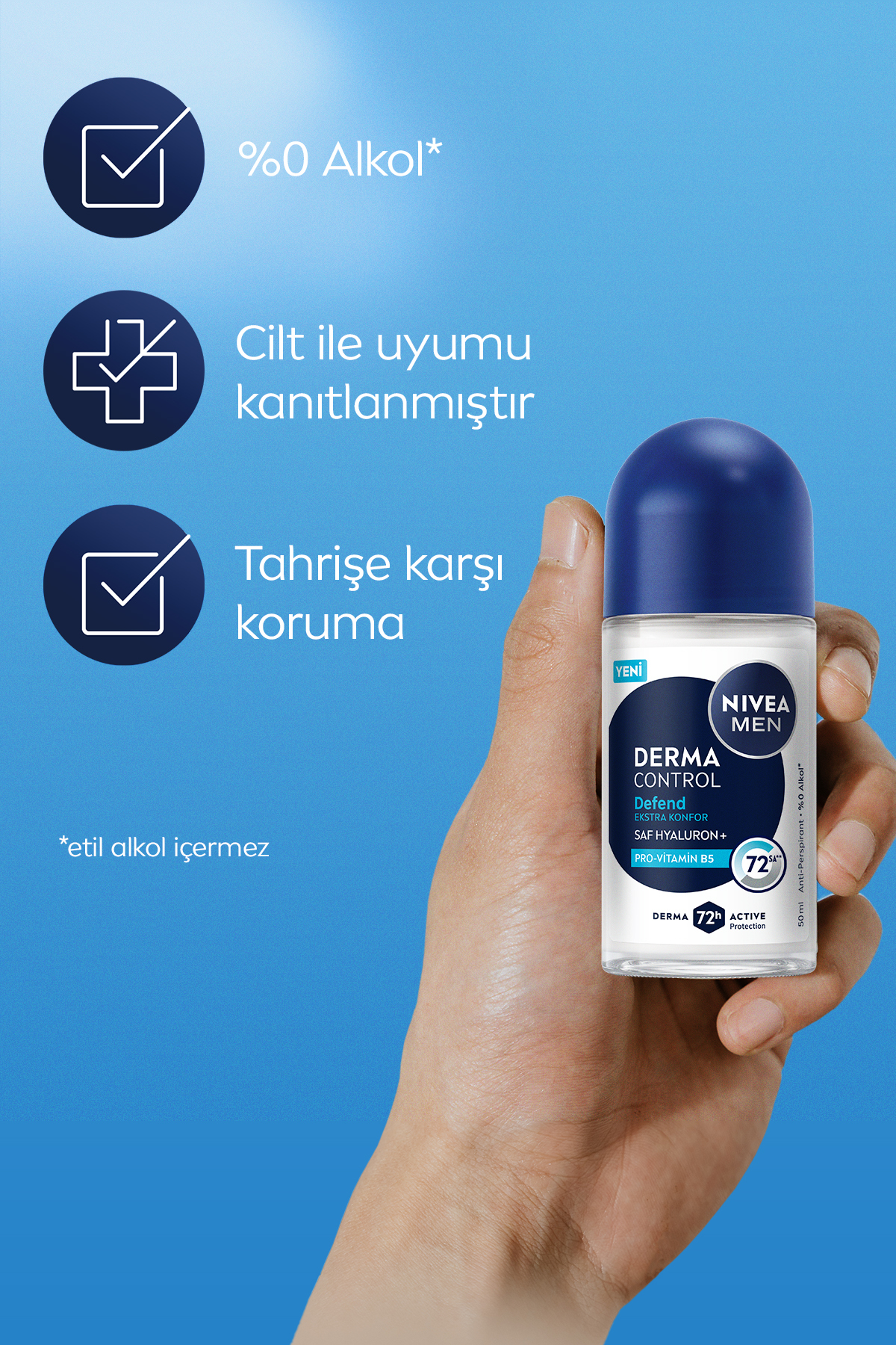 NIVEA MEN Erkek Roll-on Deodorant Derma Control Defend 50ml, 72 Saat Anti-perspirant, Alkolsüz, Hyaluron-