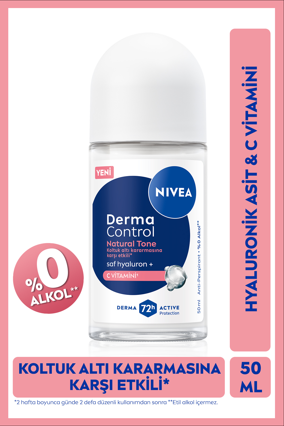 NIVEA Kadın Roll-on Deodorant Derma Control Natural Tone 50ml, Koltuk Altı Kararmasına Karşı, C Vitamini-