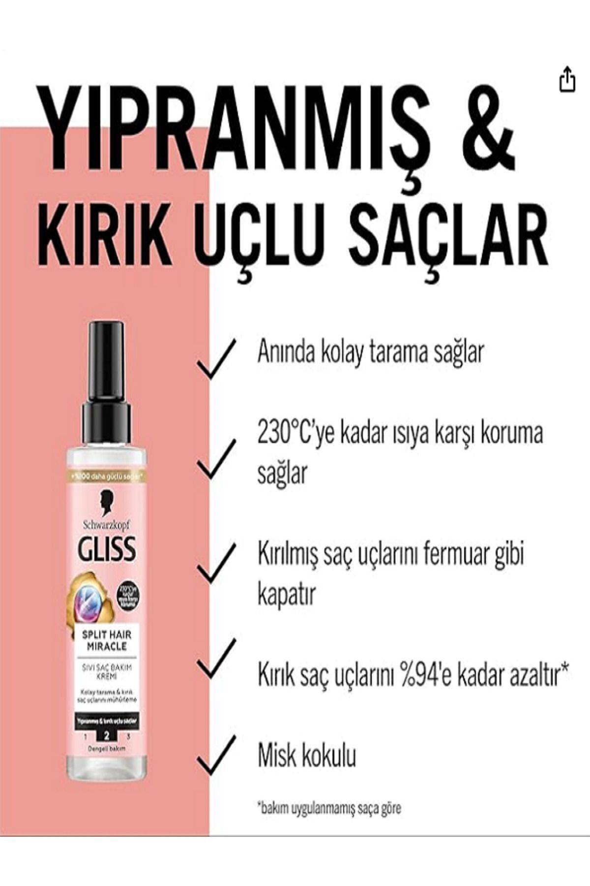 Gliss Split Hair Miracle Kırık Uçları Mühürleyen Sıvı Saç Bakım Kremi 200 ml-